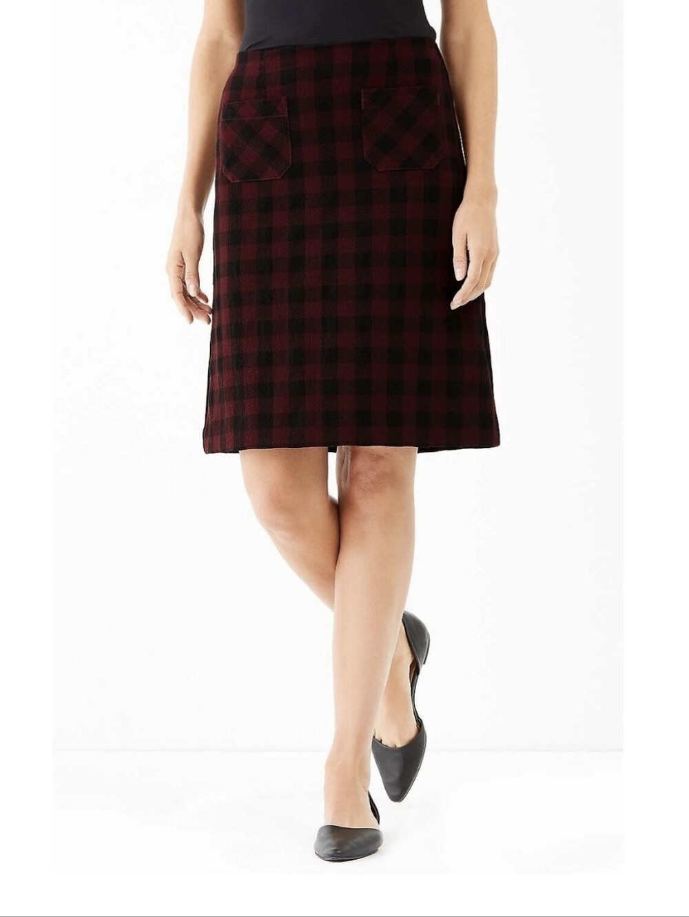 J. Jill Womens M Petite Buffalo Plaid Skirt Red Black Maroon Pockets Stretch NWT